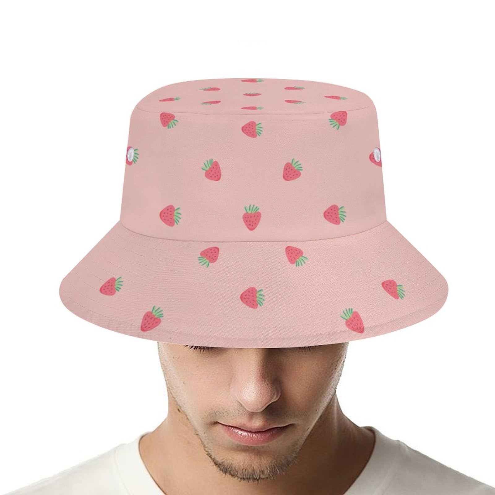 Reversible pink strawberry print bucket hat - back view
