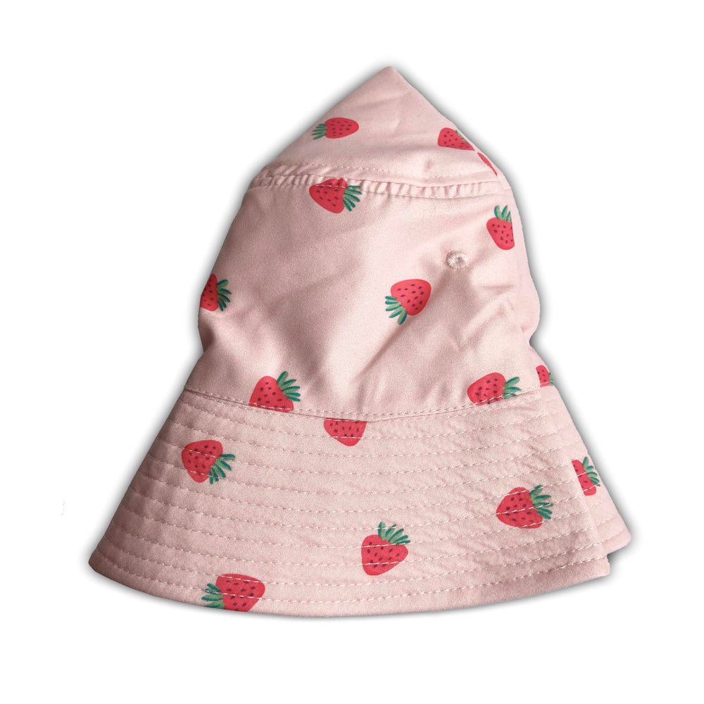 Detail of pink strawberry print fabric on bucket hat
