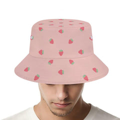 Close-up of pink strawberry print on bucket hat