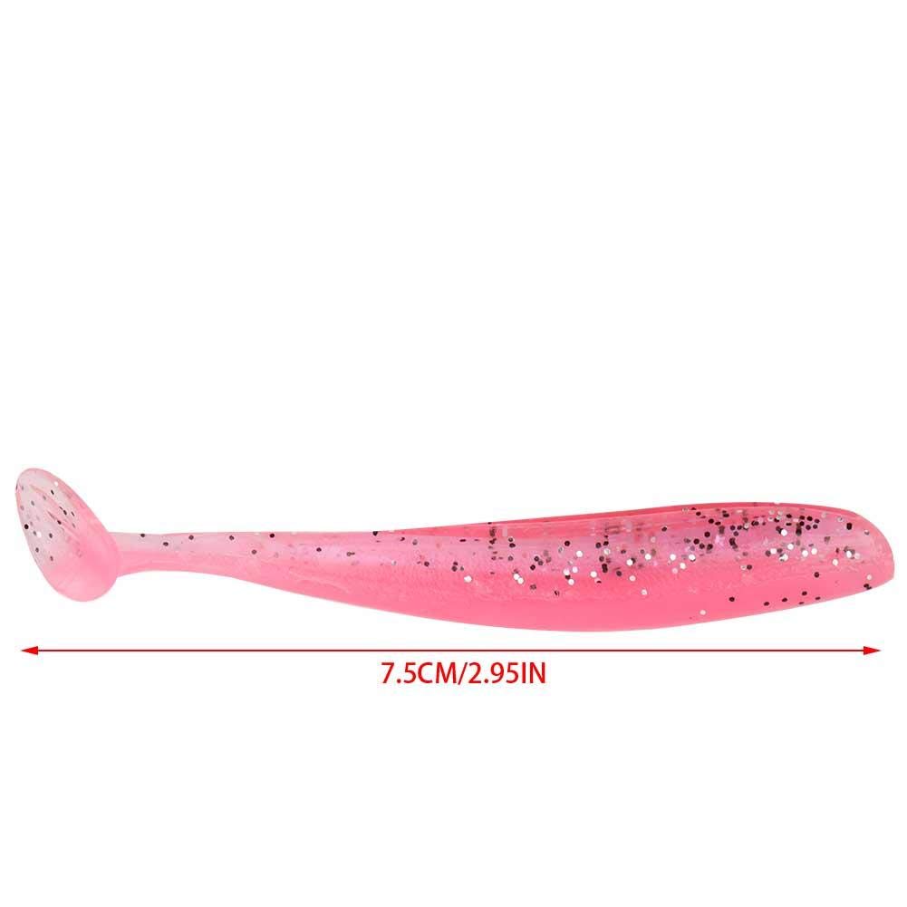 Package contains 20 pink soft lures for fishing