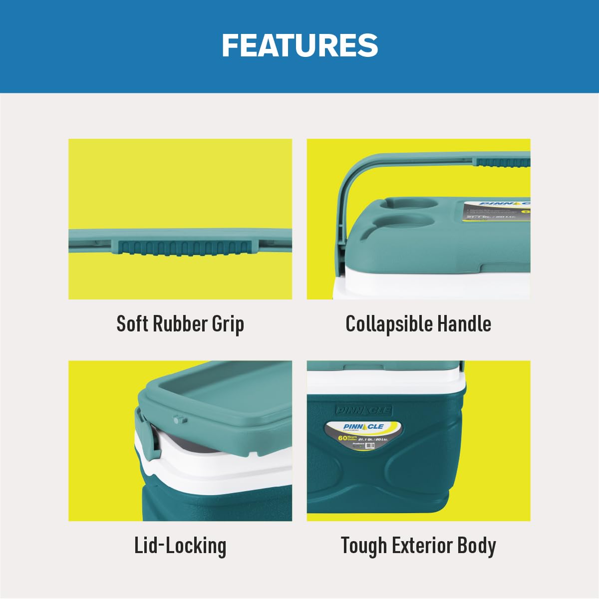 Pinnacle 20-liter picnic cooler capacity suitable for lunches and beverages