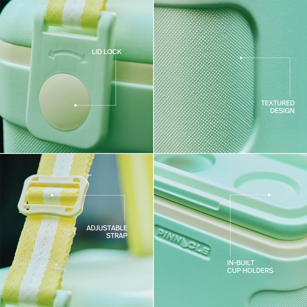 Pinnacle cooler with built-in cup holders for beverages on the go.