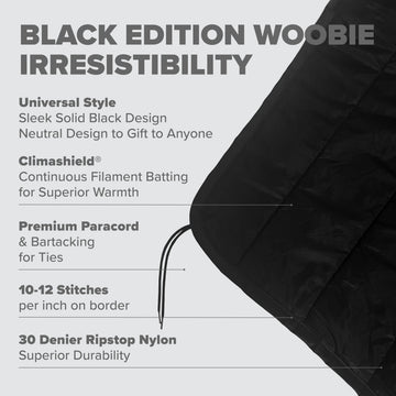 Pinnacle Mercantile Black Edition Woobie fabric close-up, durable outer with soft batting for insulation.