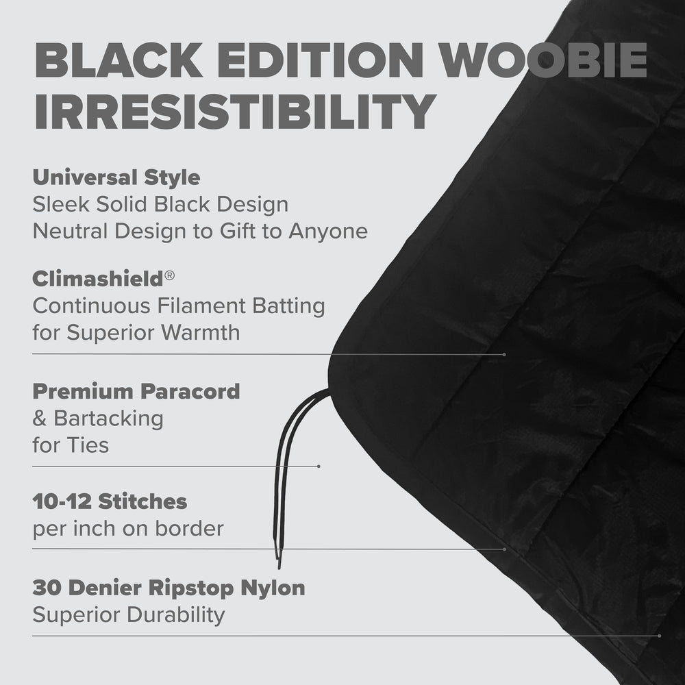 Pinnacle Mercantile Black Edition Woobie fabric close-up, durable outer with soft batting for insulation.