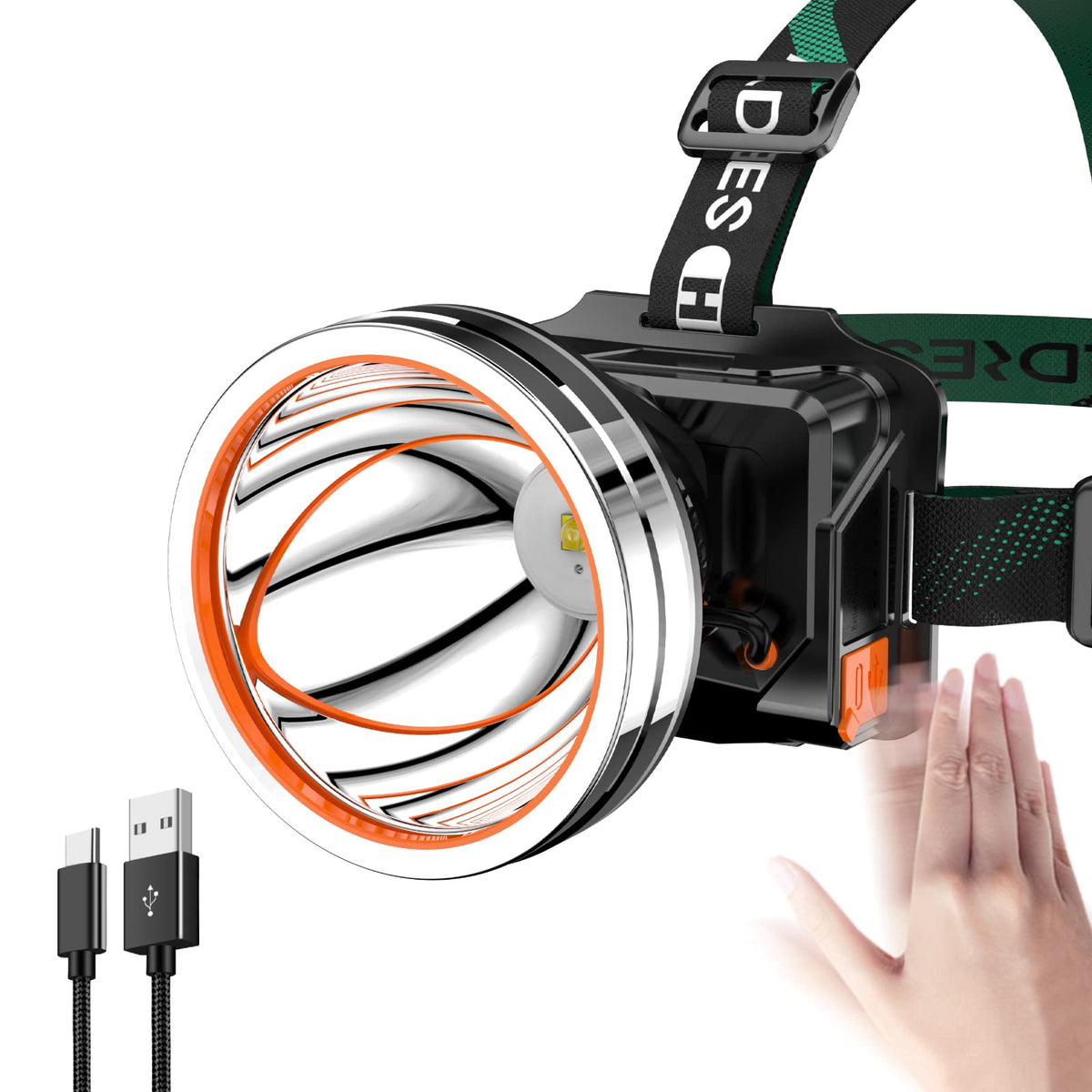 PINSAI high-power headlamp bright-beam shows long-range visibility for night hiking.