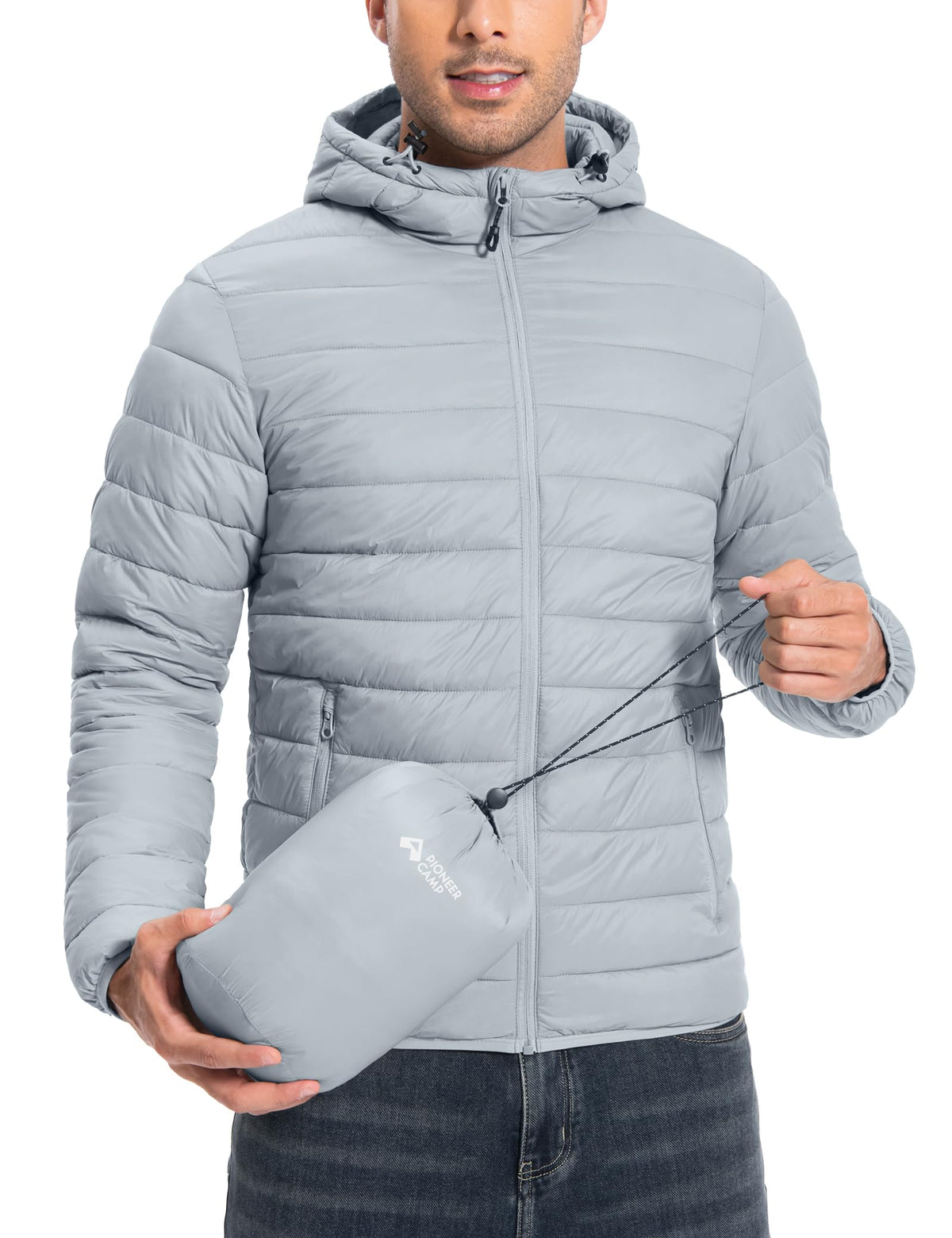 Pioneer Camp puffer jacket front view shows a warm, lightweight layer for cold commutes.