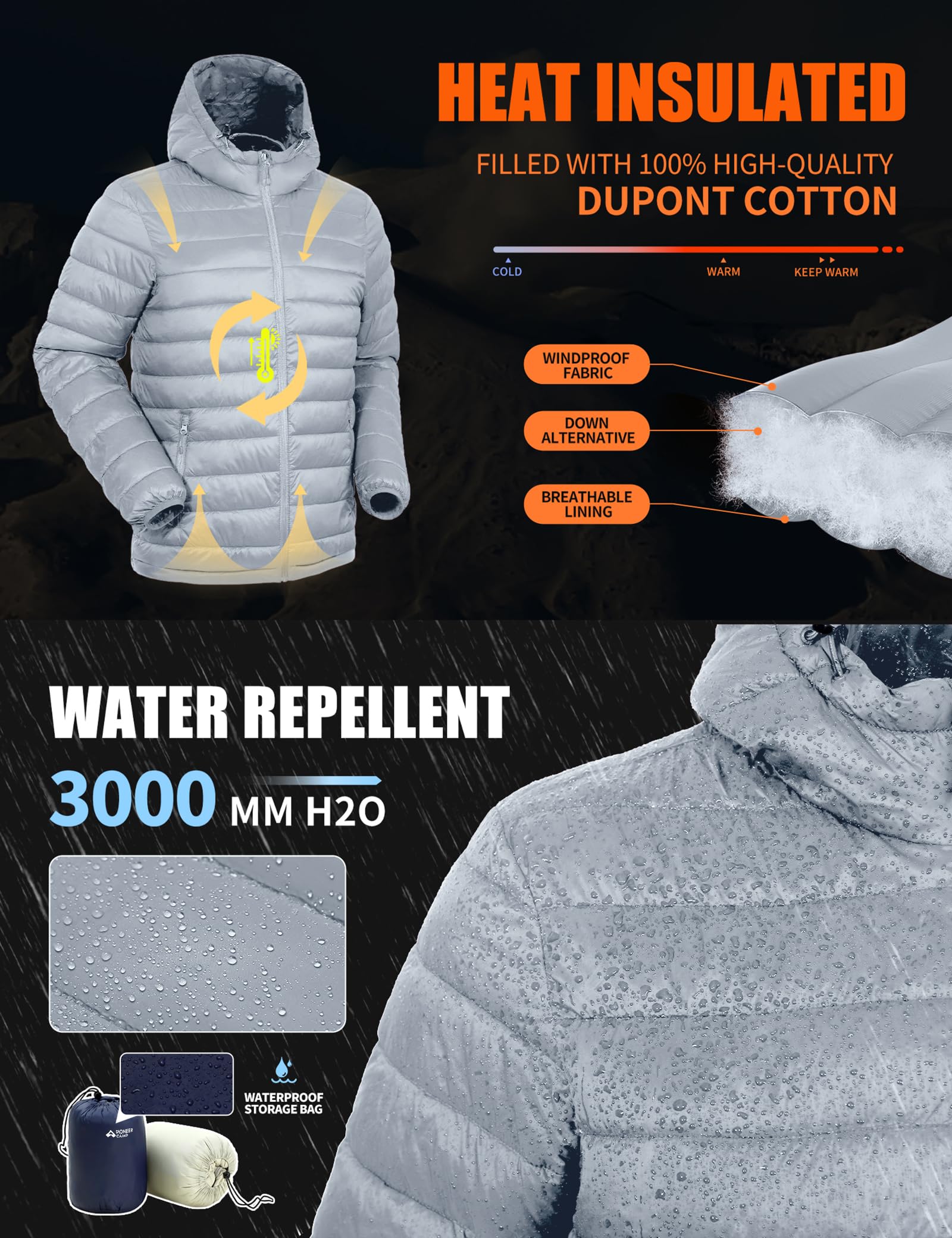 Pioneer Camp puffer jacket hooded front demonstrates weather-ready warmth on blustery days.