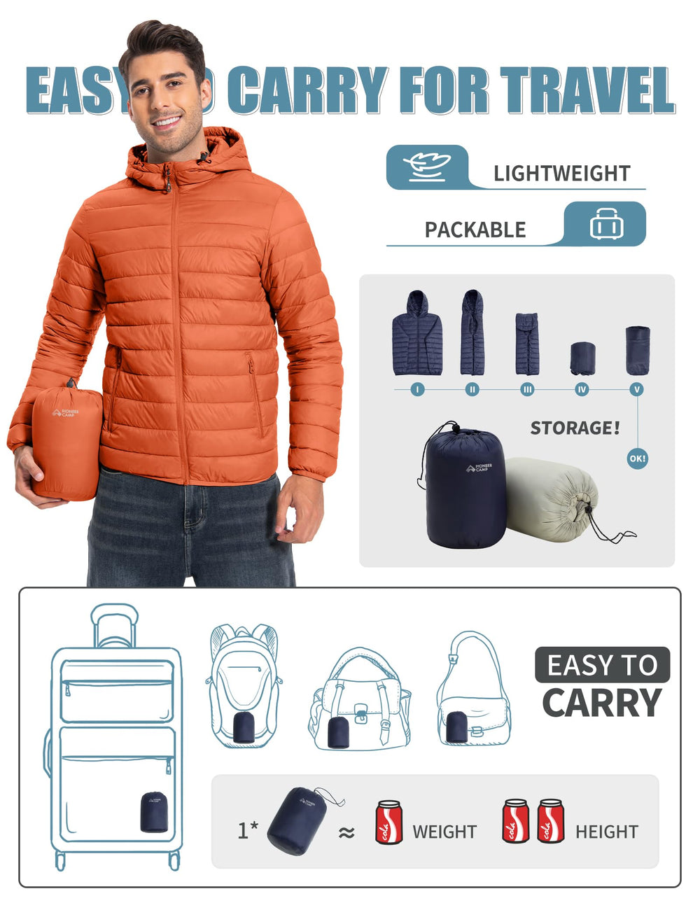 Pioneer Camp Puffer Jacket packable bag image shows easy travel storage.