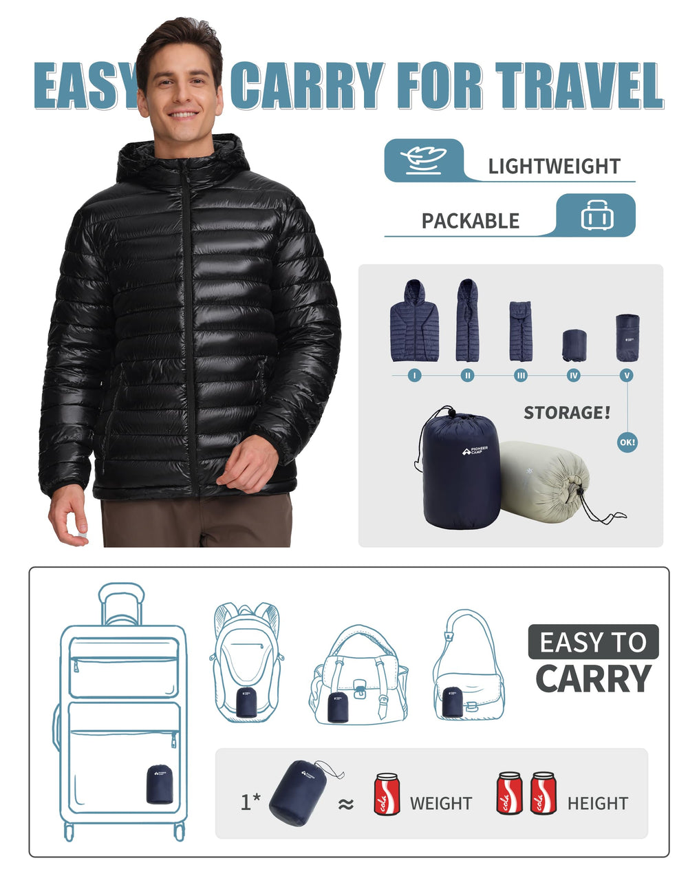 Pioneer Camp puffer jacket windproof hood seals in warmth.