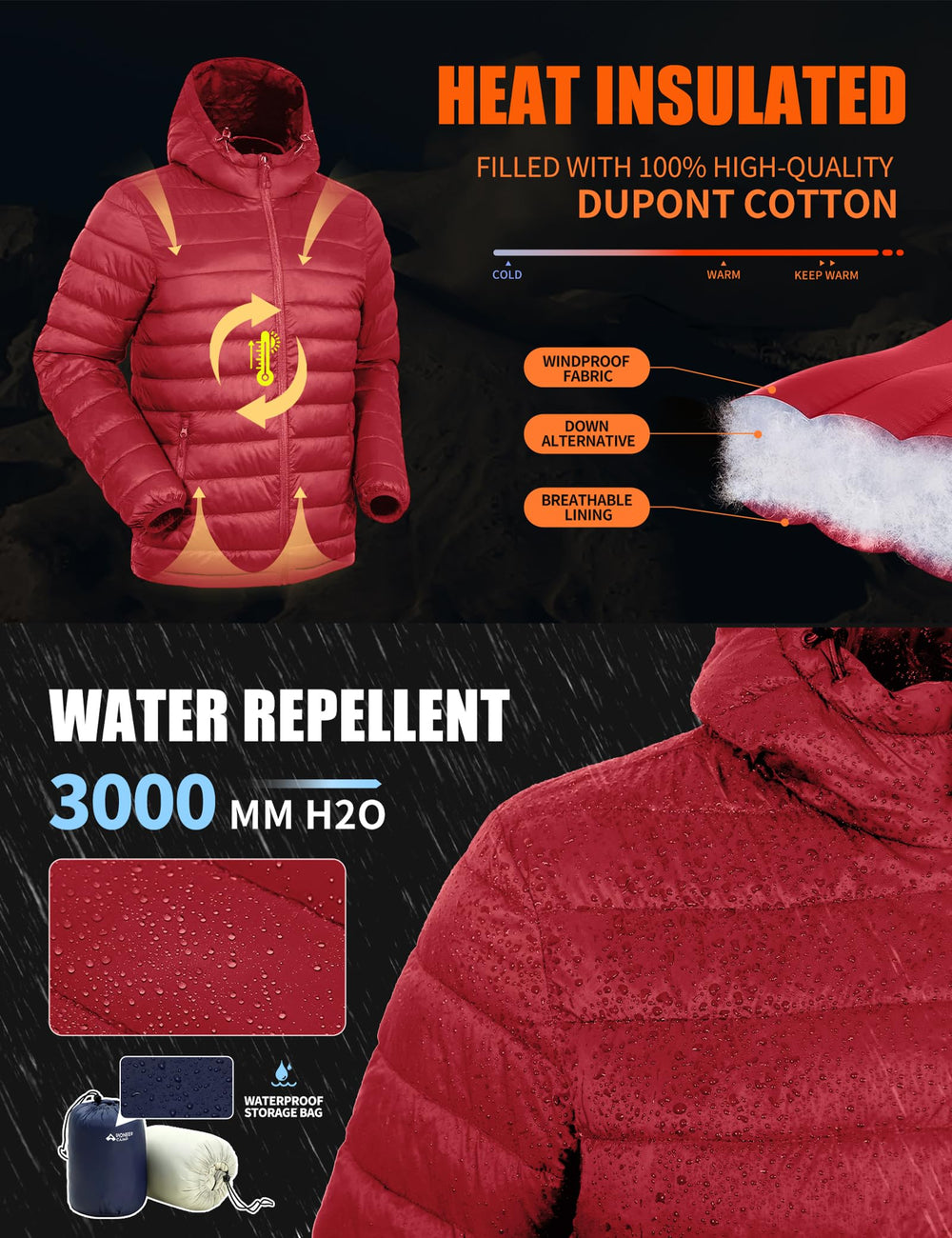 Pioneer Camp Puffer Water-Resistant Fabric keeps you dry in light rain.