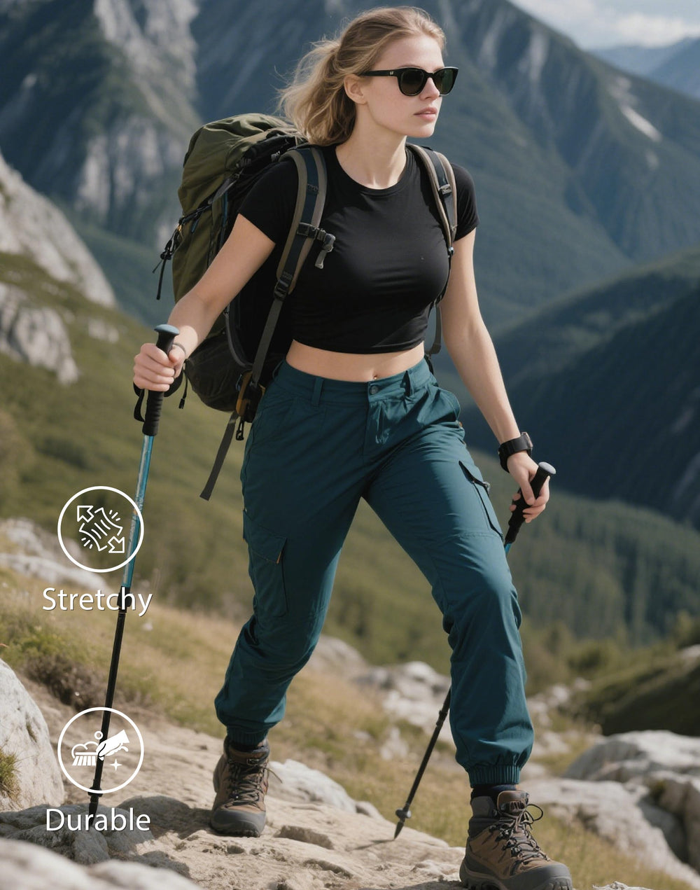 Pioneer Camp women's high-rise waistband close-up demonstrates adjustable fit and secure comfort