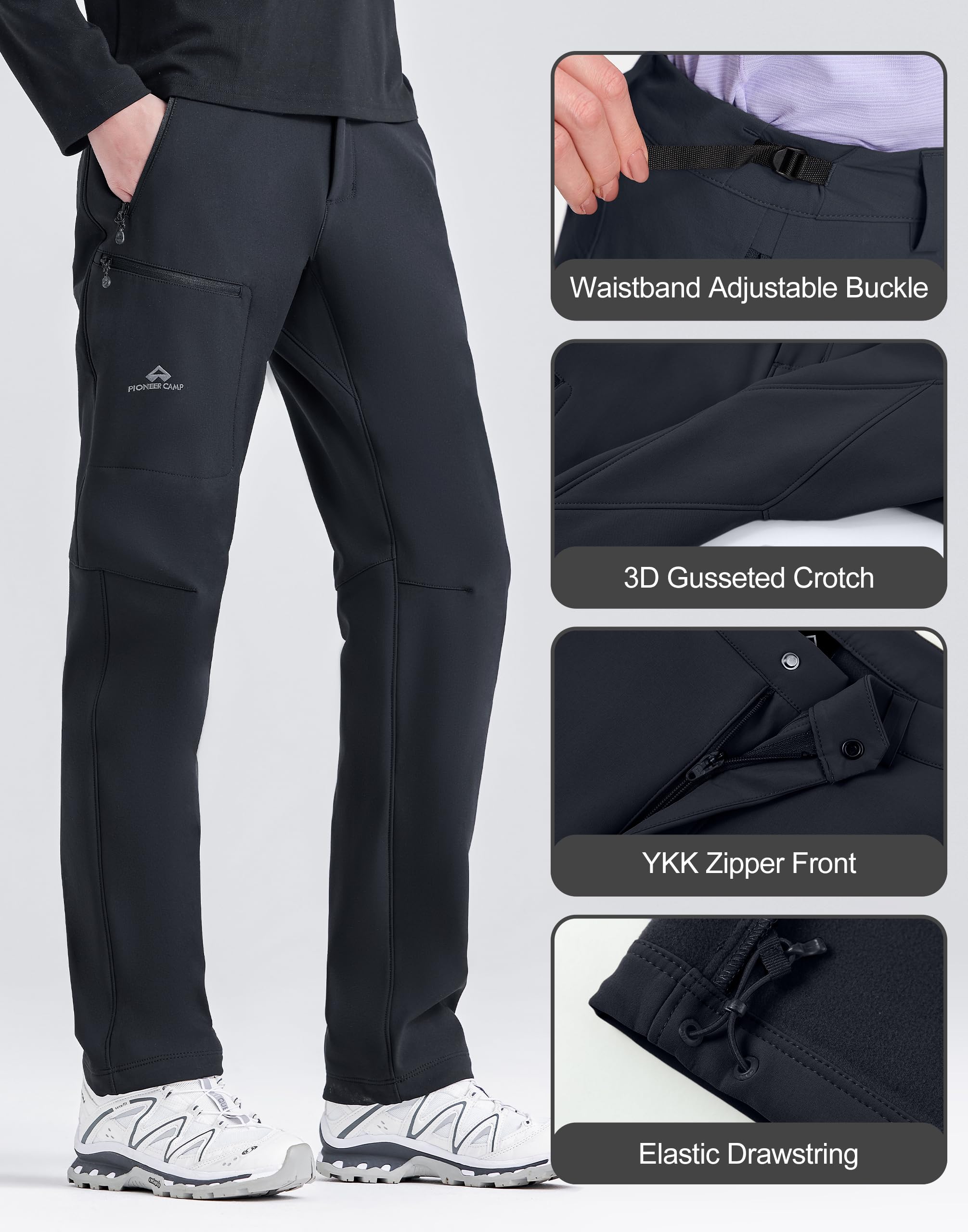 Pioneer Camp fleece-lined pants with zip pockets ideal for travel and secure storage.