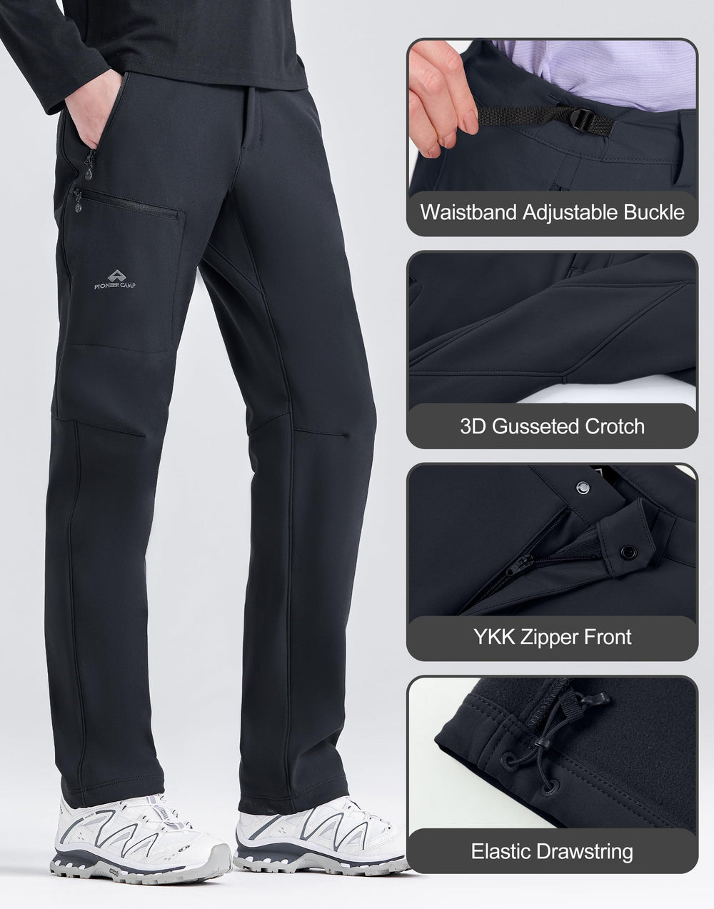 Pioneer Camp fleece-lined pants with zip pockets ideal for travel and secure storage.