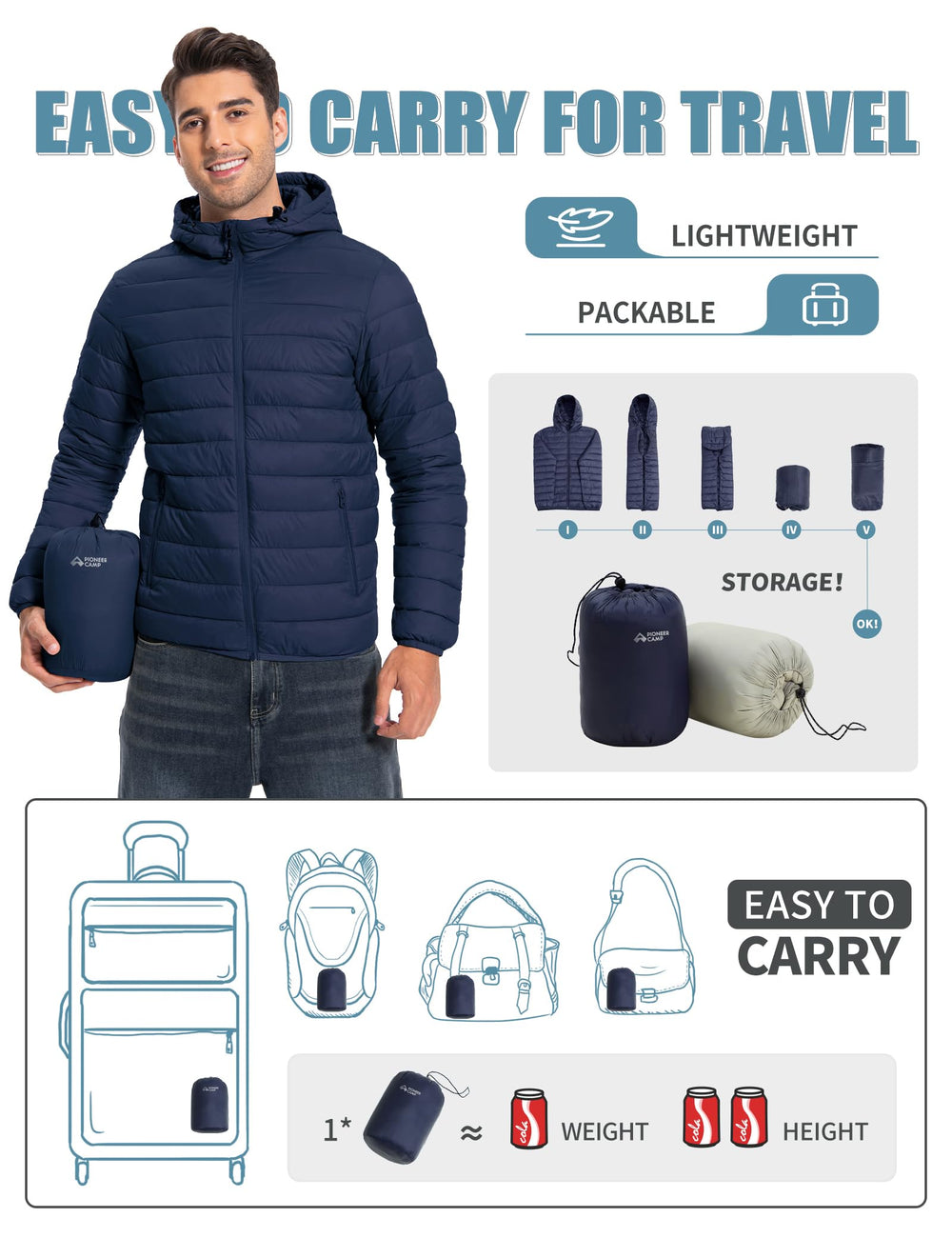 Pioneer Camp Puffer Jacket packable bag view highlights easy storage for travel and outdoor trips