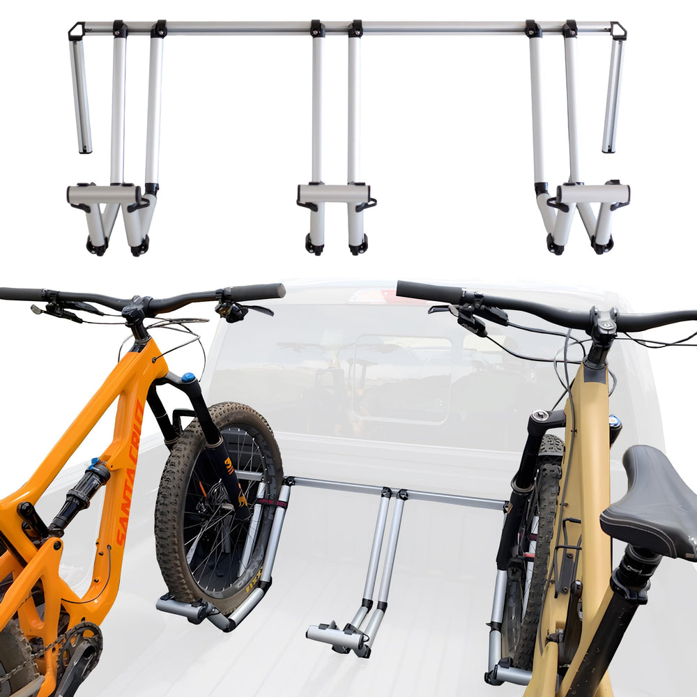 Pipeline Racks 3 Bike Rack on a truck bed enabling secure multi-bike transport.