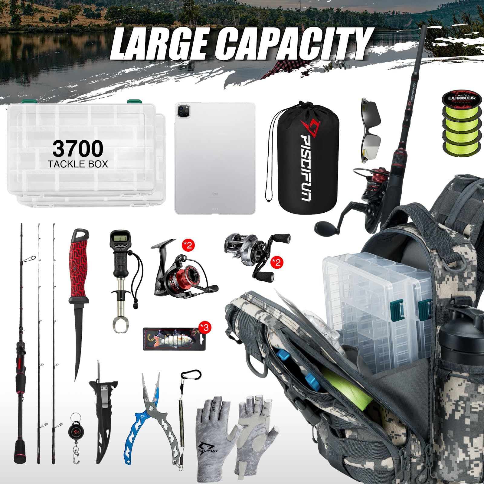 Piscifun 1000D water-resistant nylon fabric shields gear from rain and splashes.