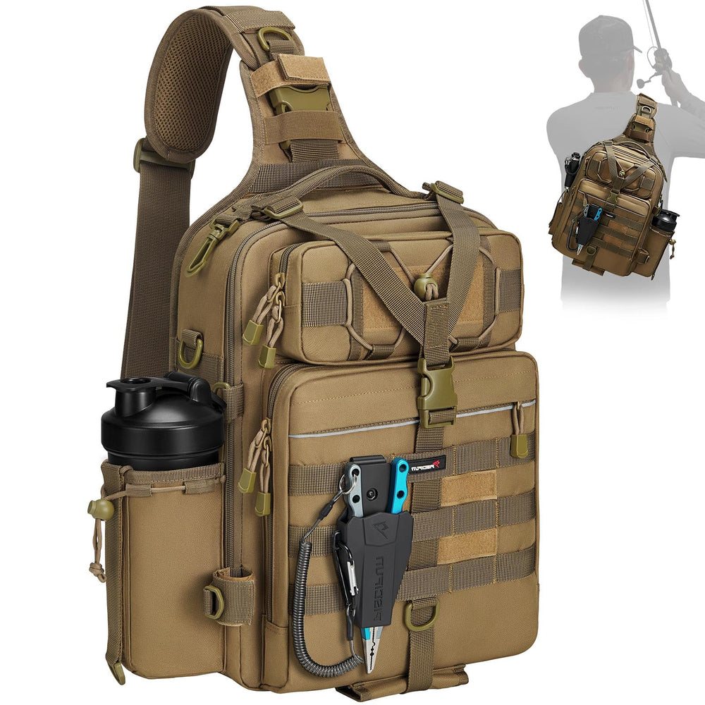 Piscifun 30L fishing tackle backpack with rod holder keeps gear organized for long trips.
