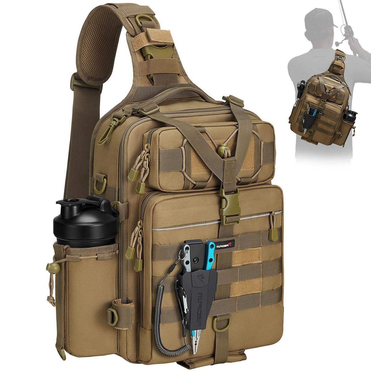 Piscifun 30L fishing tackle backpack with rod holder keeps gear organized for long trips.