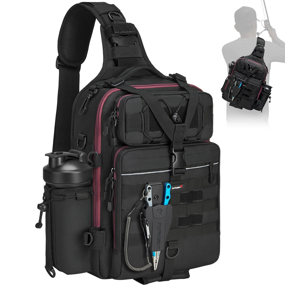 Piscifun 30L tackle backpack with water holder demonstrates organized storage for on-water hydration.