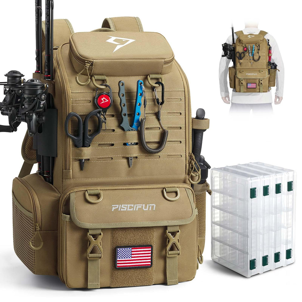 Piscifun 52L fishing backpack with rod holders keeps tackle organized on boats.