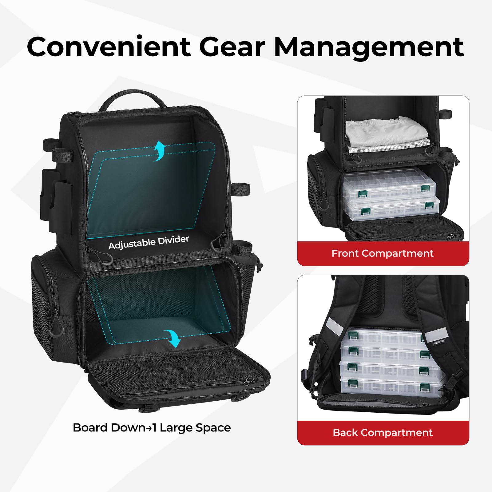 Piscifun 52L tackle backpack on dock showing weather-ready design