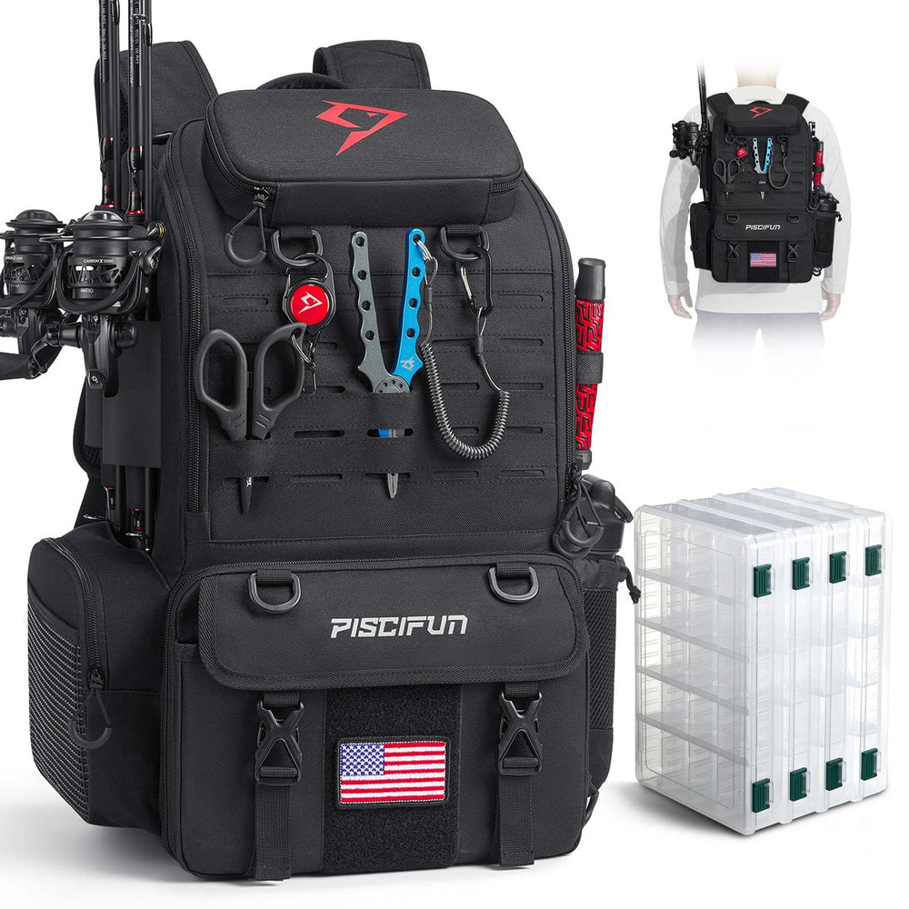 Piscifun 52L fishing tackle backpack with rod holders and 17 compartments, front view