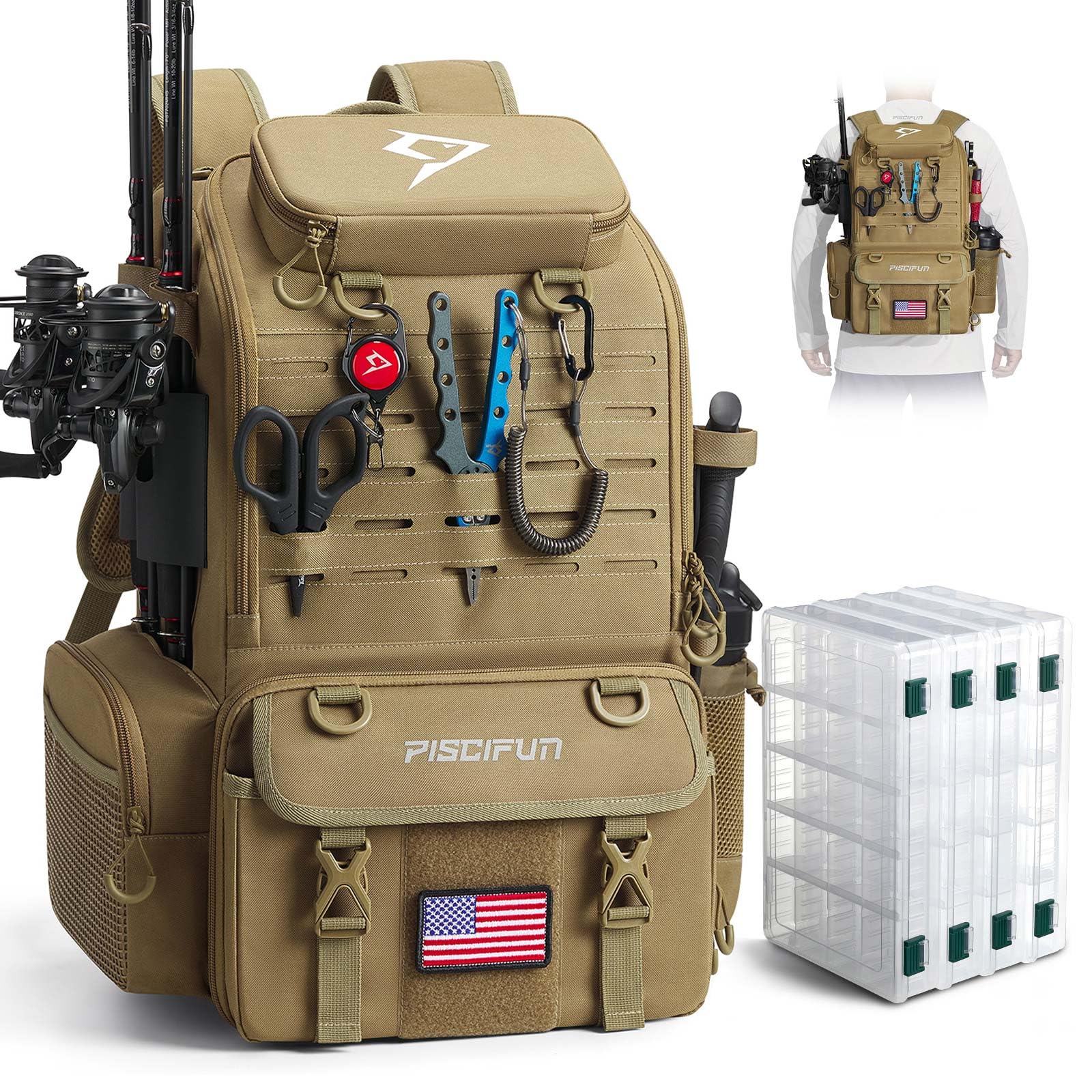Front view of Piscifun 52L fishing tackle backpack showing rod holders