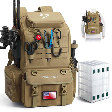 Front view of Piscifun 52L fishing tackle backpack showing rod holders