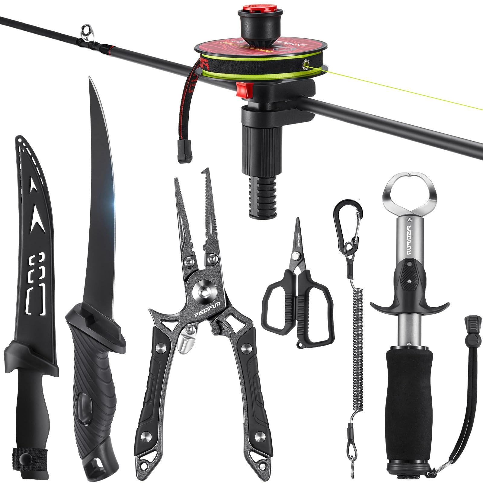 Piscifun 6pc Fishing Tool Kit laid out showing all components