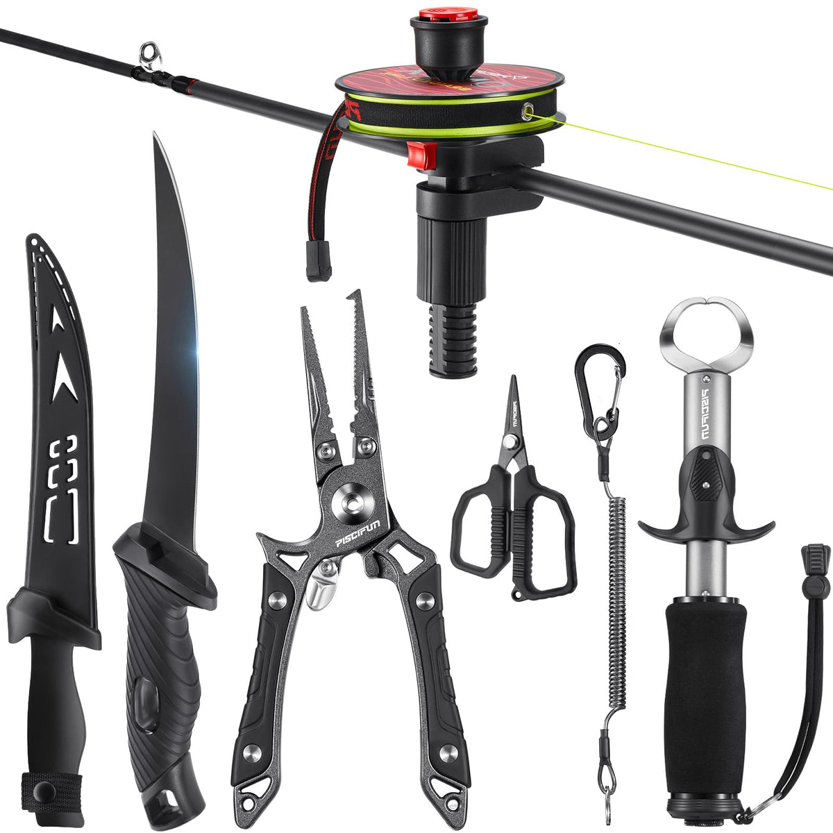Piscifun 6pc Fishing Tool Kit laid out showing all components