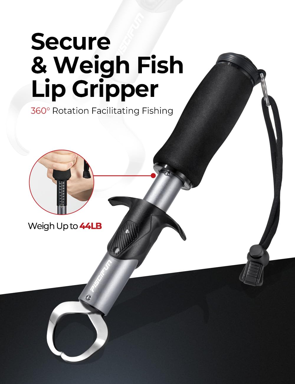Aluminum fish gripper with scale and rotation