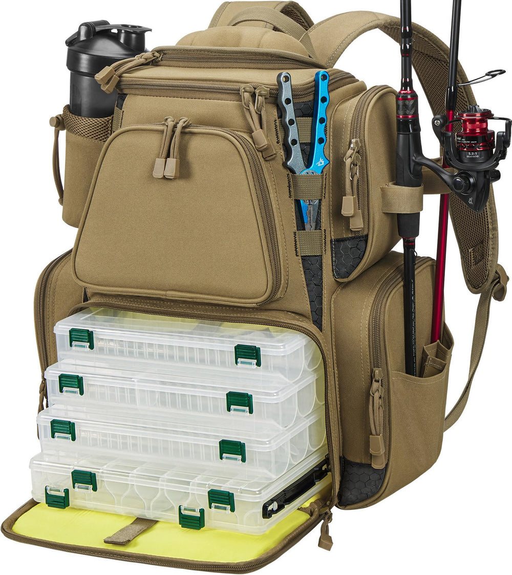 Piscifun Fishing Backpack exterior in Khaki with 2 rod holders