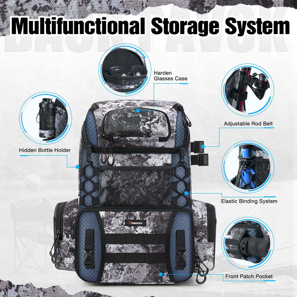 Piscifun backpack showcasing four tackle boxes and organized compartments