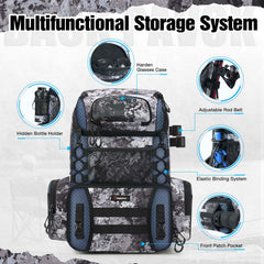 Piscifun backpack showcasing four tackle boxes and organized compartments