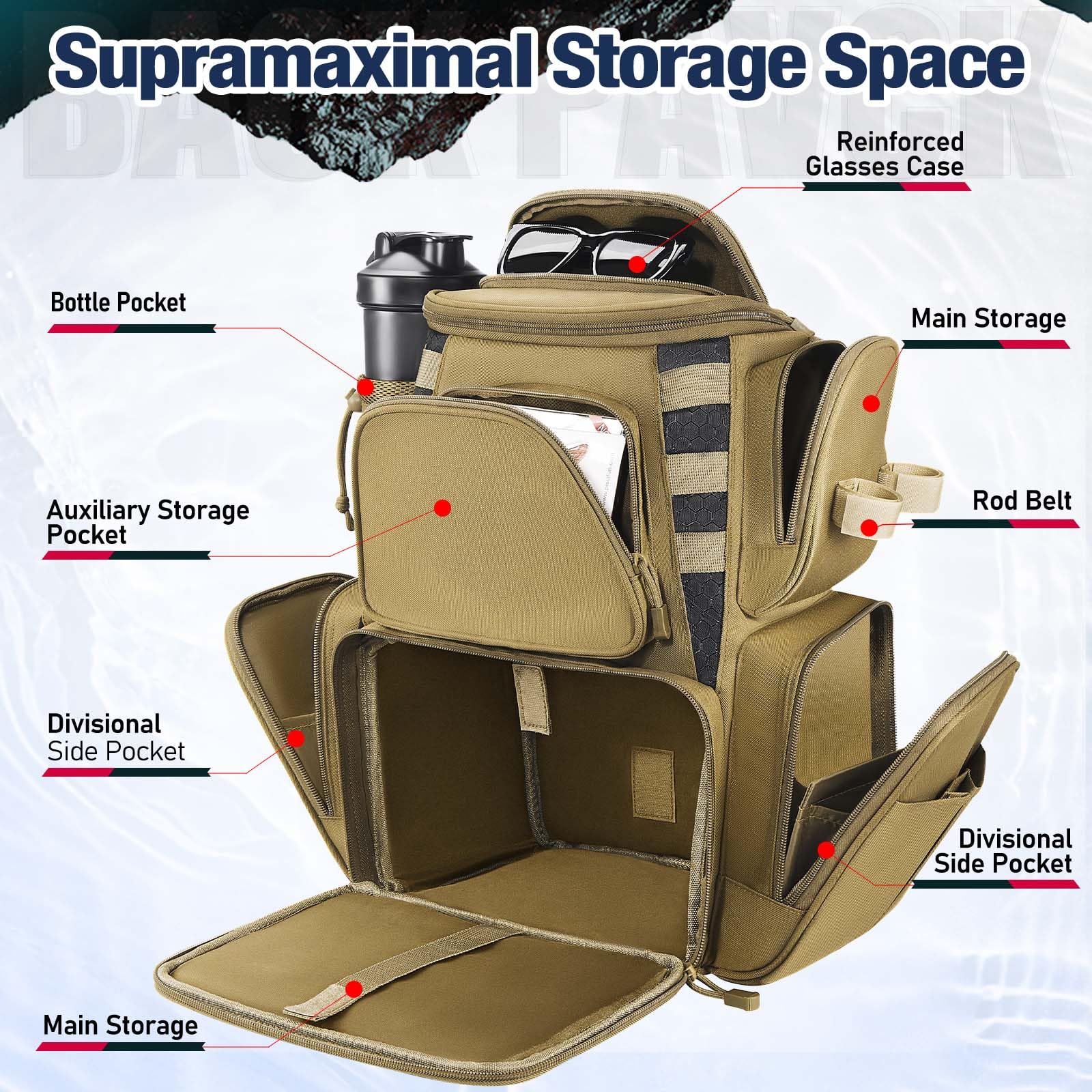Piscifun backpack with 45L capacity and removable divider for flexible setup.