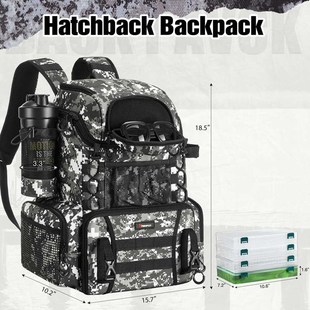 Piscifun camouflage fishing tackle backpack back view with padded straps