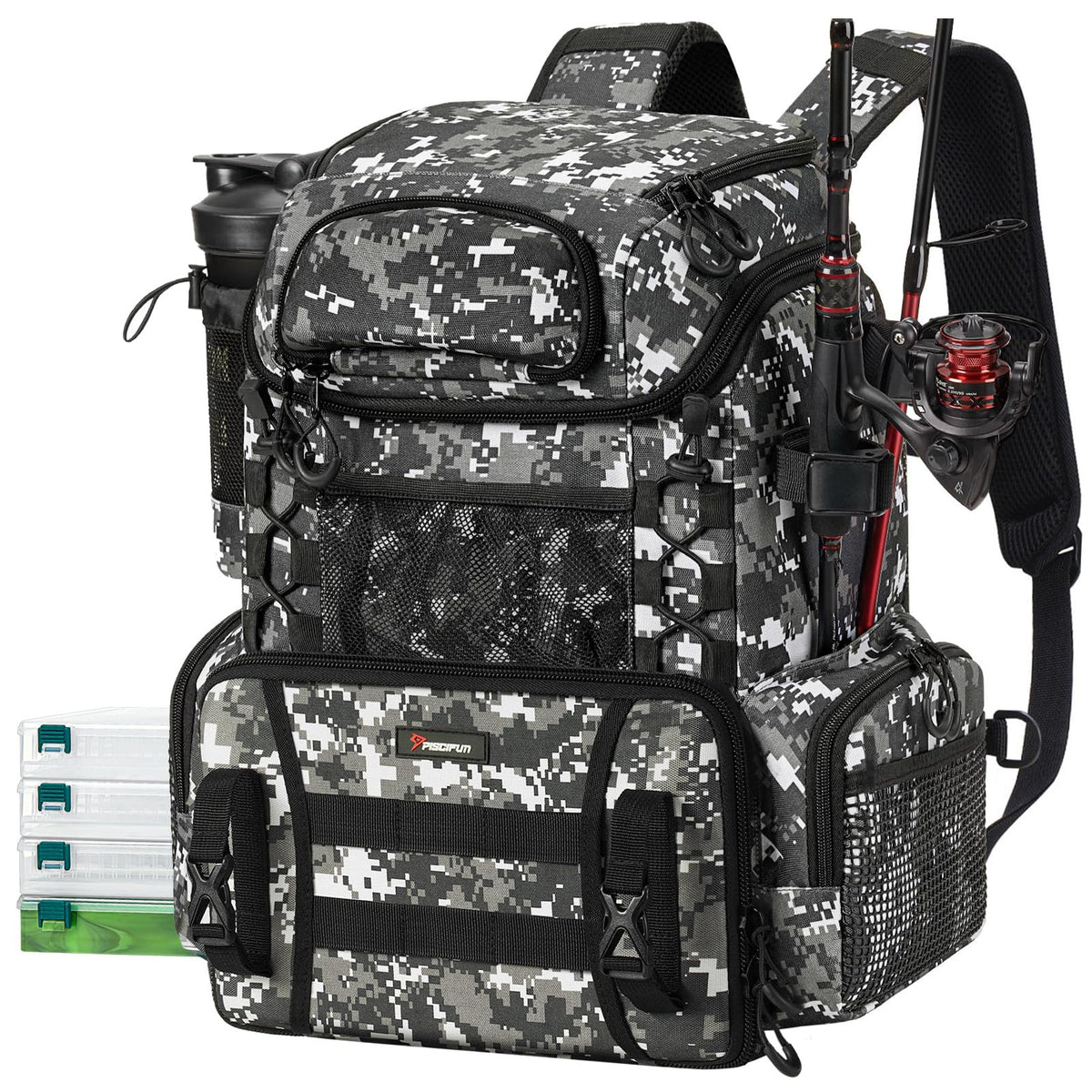 Piscifun camouflage fishing tackle backpack front view