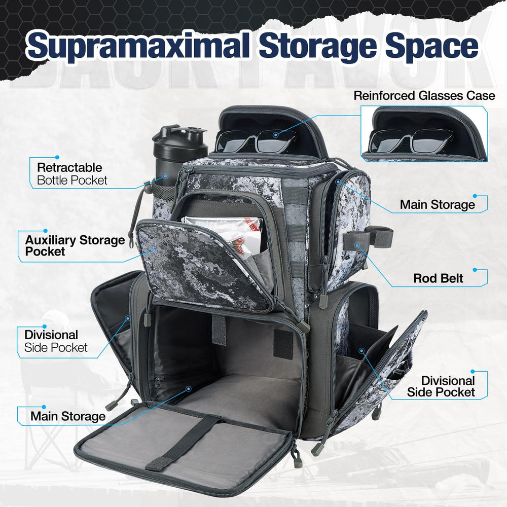Main compartment of Piscifun tackle backpack with clapboard