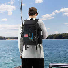 Piscifun backpack side view showing rod and tool stowage for on-water use.