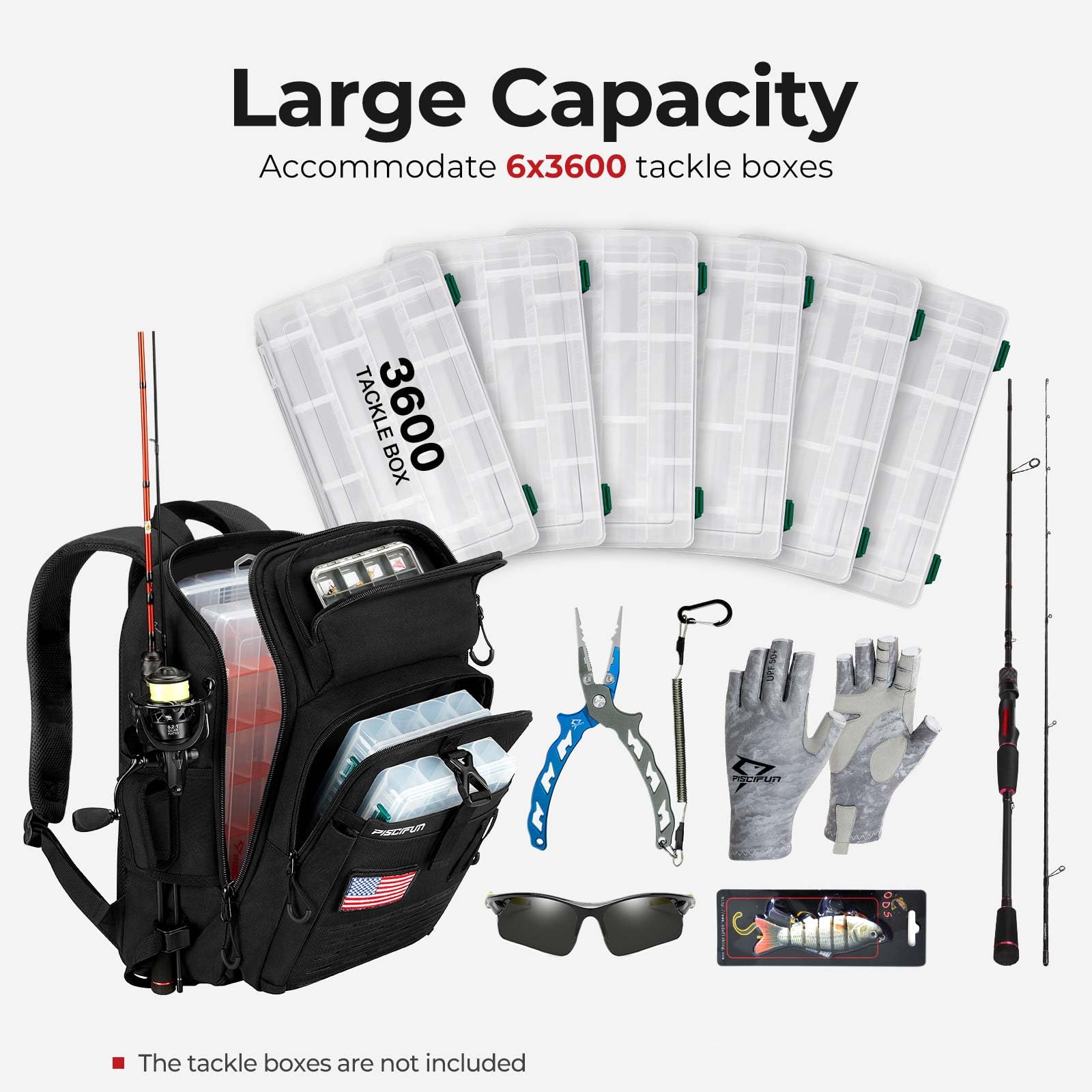 Piscifun 20L backpack with spacious main compartment and tackle-ready dimensions.