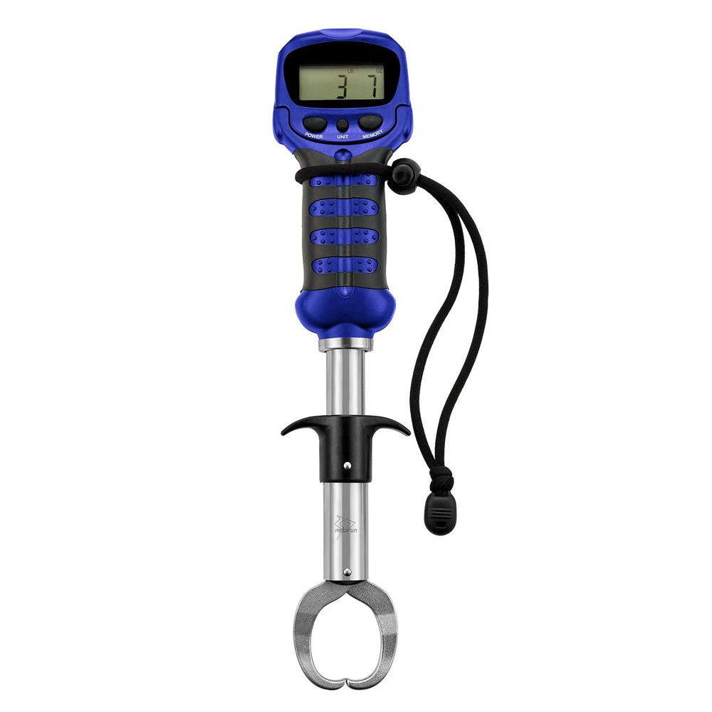 Piscifun fish gripper with digital scale demonstrates precise readings for effortless weigh-ins at the pier.