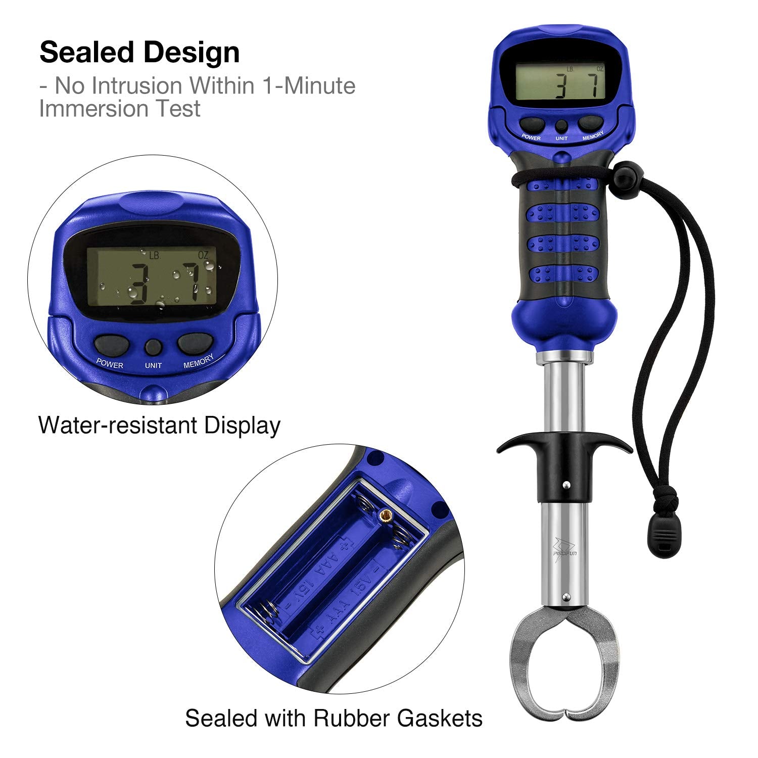 Piscifun fish gripper LCD display remains legible in low light.