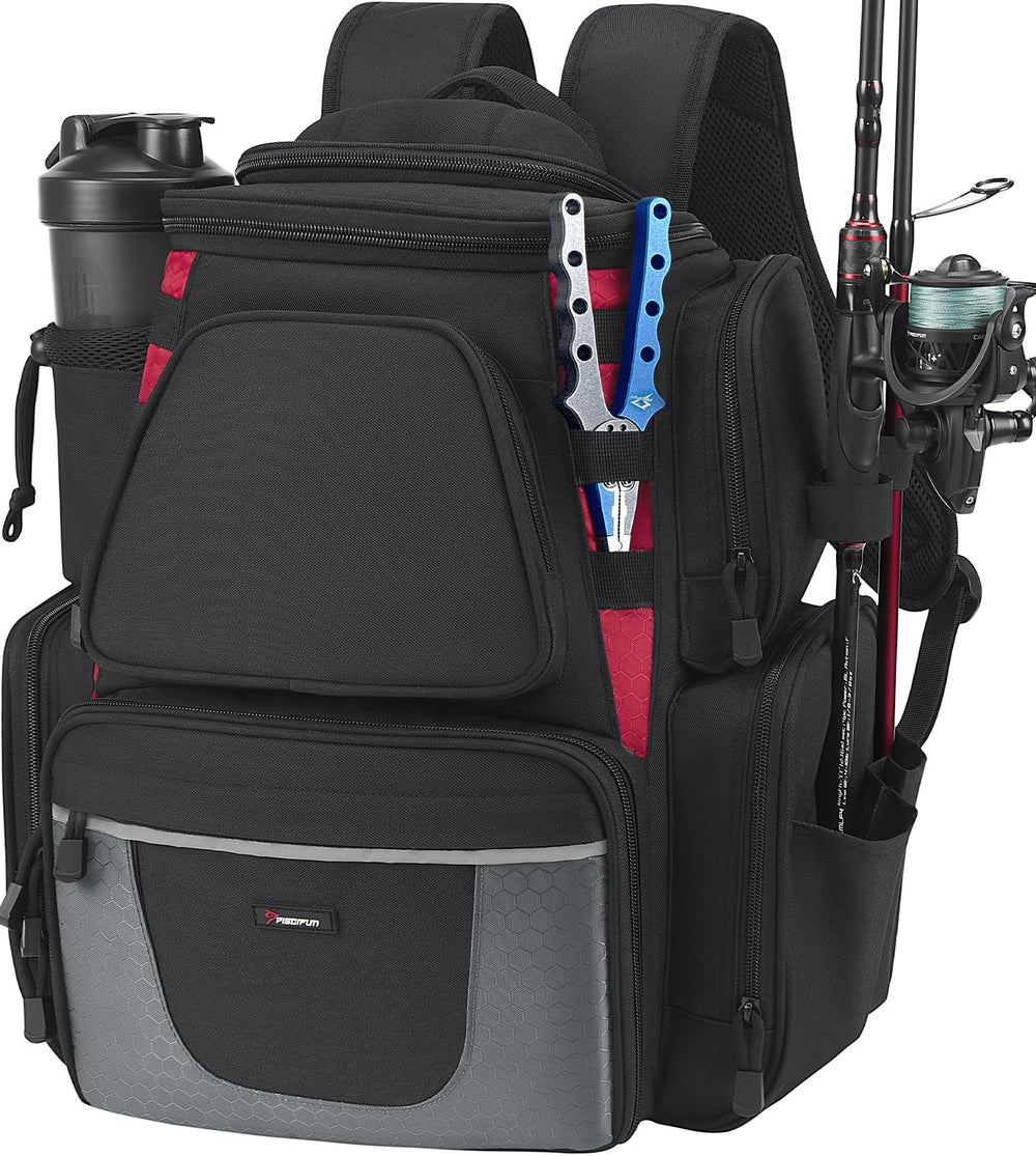 Piscifun fishing backpack ergonomic back straps support long, comfortable treks.