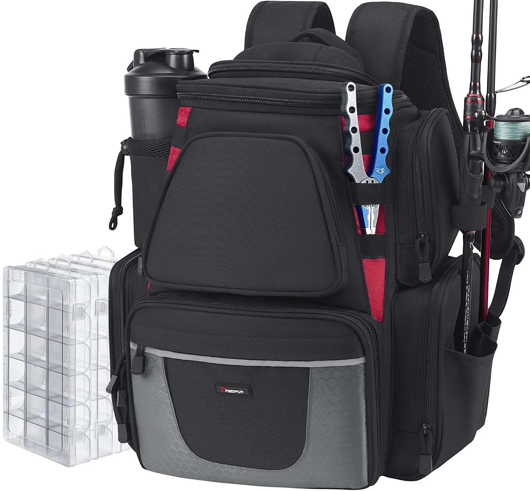 Piscifun fishing backpack front view shows rugged construction for all-day comfort.