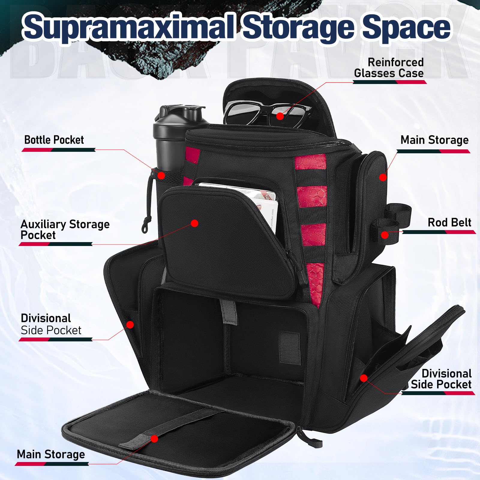 Piscifun fishing backpack interior main compartment demonstrates adjustable space for large tackle boxes.