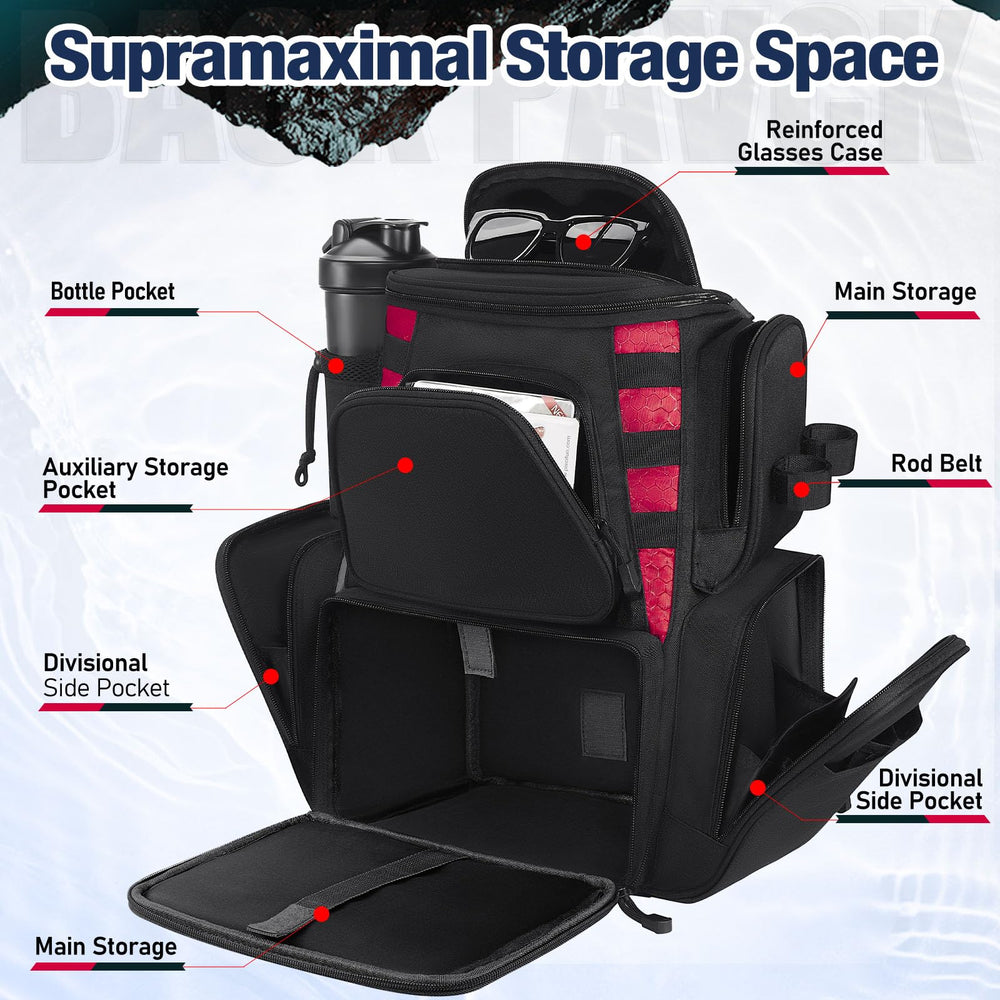 Piscifun fishing backpack interior main compartment demonstrates adjustable space for large tackle boxes.