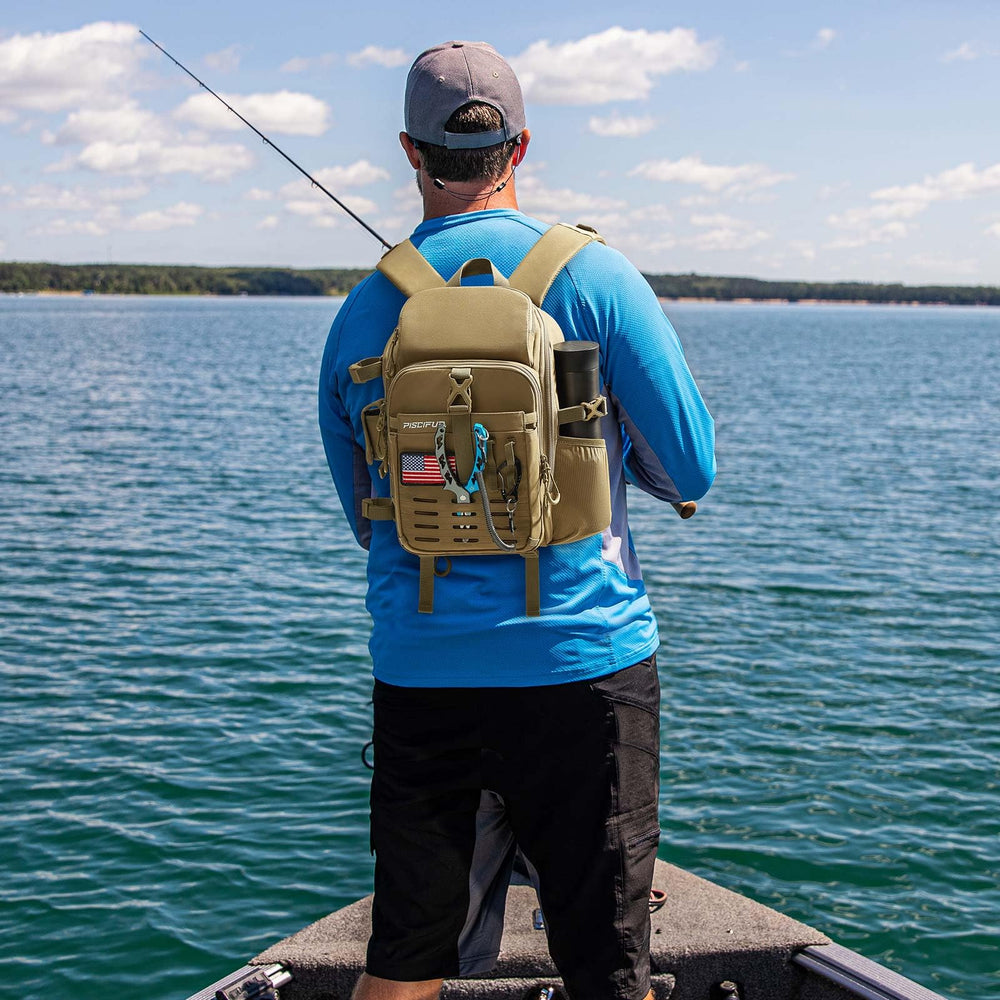 Piscifun fishing backpack shows rod holder side fixtures for secure tool storage