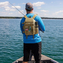 Piscifun fishing backpack shows rod holder side fixtures for secure tool storage