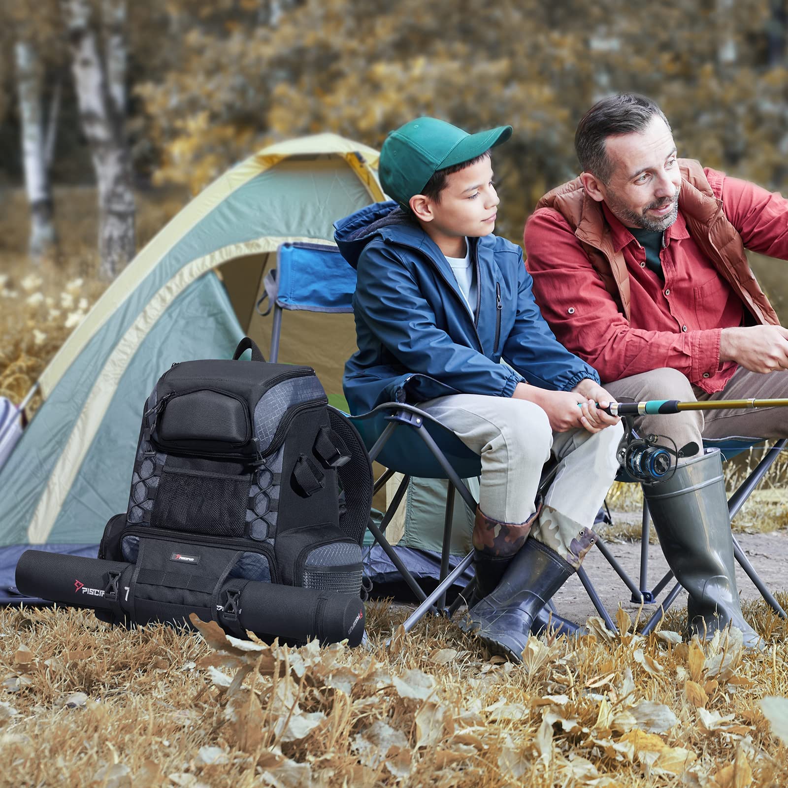 Black Piscifun fishing backpack with rain cover