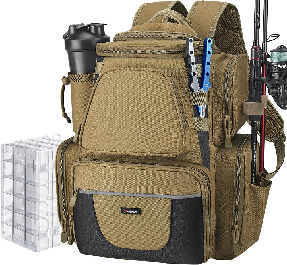 Piscifun fishing backpack with rod holders for hands-free gear transport.
